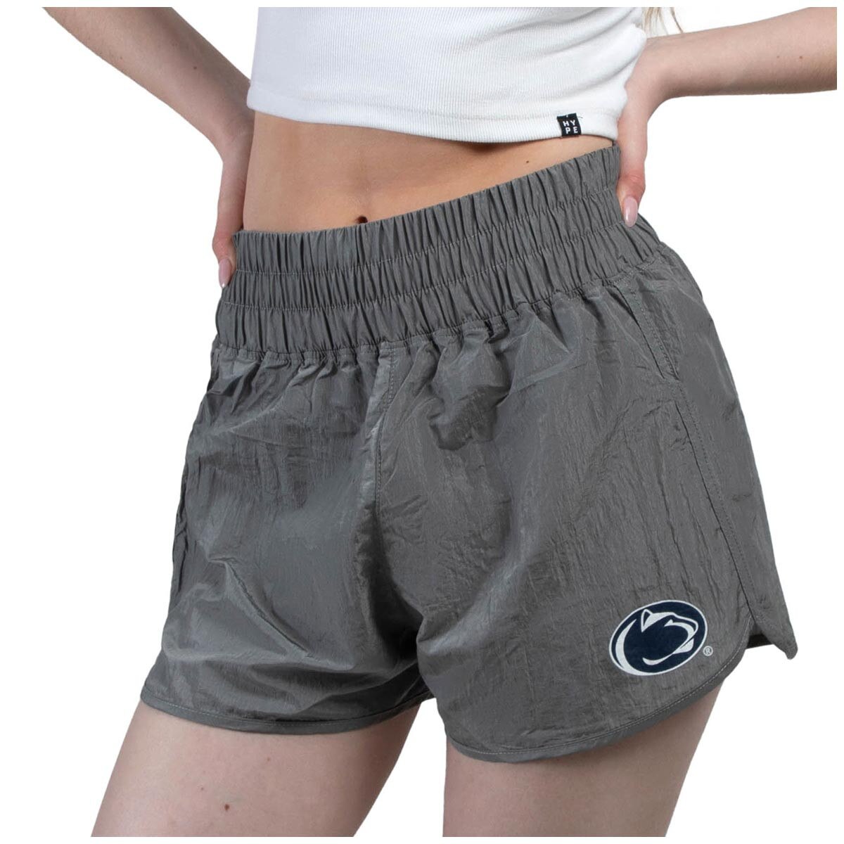 side view of model wearing women's high waisted gray shorts with Penn State Athletic Logo